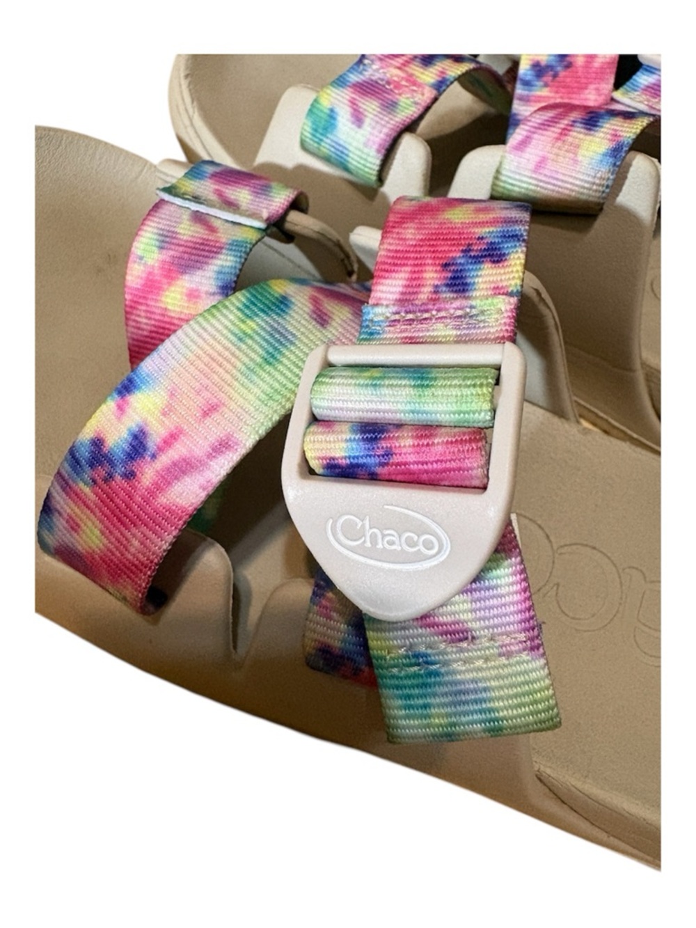 Chaco Slide Sandals in Beige and Black with Rainbow Tie-Dye Straps - Picture 2 of 11
